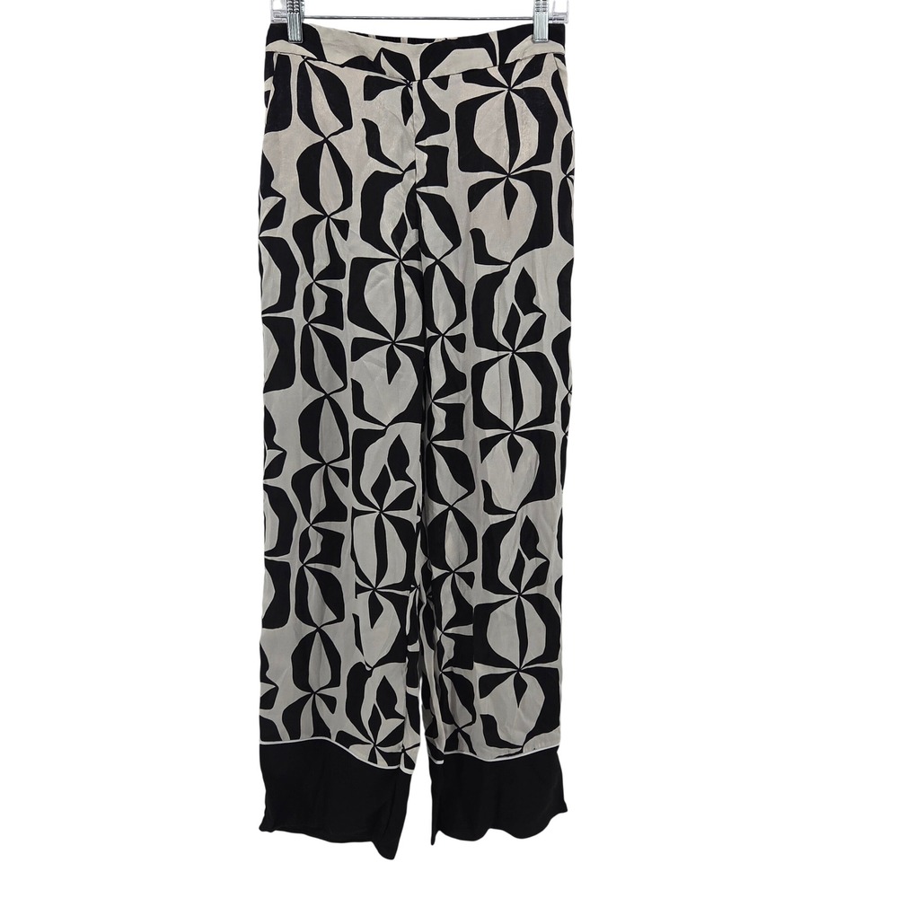 Zara Wide Leg‎ Pants Small Black Cream Geometric Print Boho Eclectic High Waist